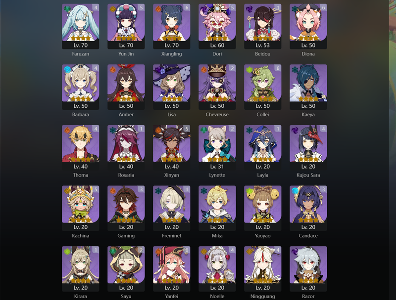 [Eu] AR59 - Yelan,Raiden Shogun,Yoimiya,Ganyu,Zhongli,Xiao,Ayaka,Arlecchino,Itto,Hu Tao,Mualani,Dehya,Qiqi,Diluc(C1),Jean(C2)