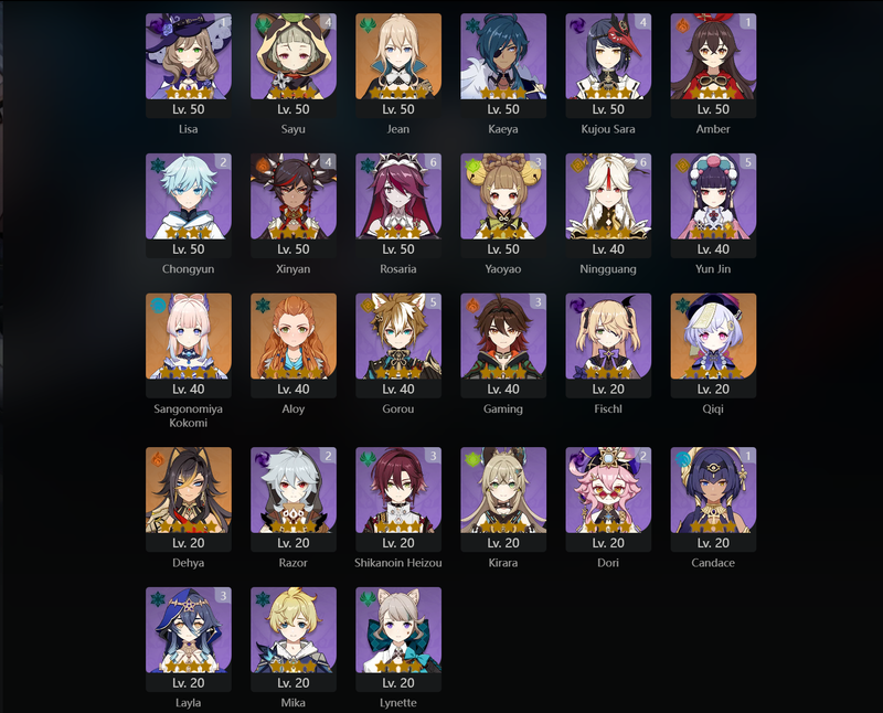 [Eu] AR59 - Ayaka, Xiao, Tartaglia, Yelan, Nahida, Wanderer, Raiden Shogun, Kazuha, Navia, Xianyun, Neuvillette, Zhongli, Jean, Kokomi, Qiqi, Dehya, Wanderer(C1), Diluc(C2), Mona(C3)