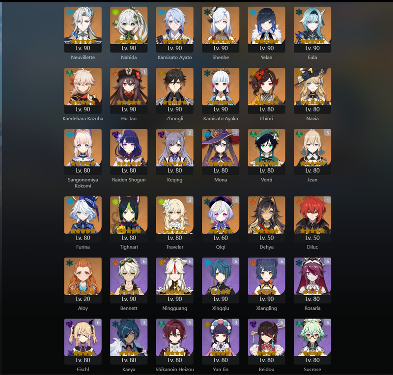 [Eu] AR60 - Neuvilltette,Nahida,Ayato,Shenhe,Yelan,Eula,Kazuha,Zhongli,Ayaka,Chiori,NAvia,Kokomi,Raiden Shogun,Venti,Furina,Dehya,Tighnari,Hu Tao(C1),Mona(C1),Qiqi(C1),Diluc(C1),Keqing(C2),Jean(C5)