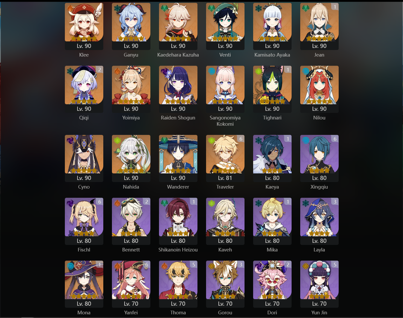 [America] AR60 - Klee,Ganyu,Kazuha,Venti,Ayaka,Yoimiya,Raiden Shogun,Kokomi,Nilou,Cyno,Nahida,Wanderer,Itto,Jean(C1),Tighnari(C1),Mona(C1),Keqing(C1),Diluc(C1),Qiqi(C2)