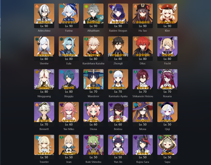 [America] AR59 - Arlecchino,Furina,Raiden Shogun,Hu Tao,Klee,Shenhe,Eula,Kazuha,Zhongli,Ayaka,Miko,Wanderer(C1),Diluc(C2),Jean(C2),Mona(C2)[Primogems:18000 ]