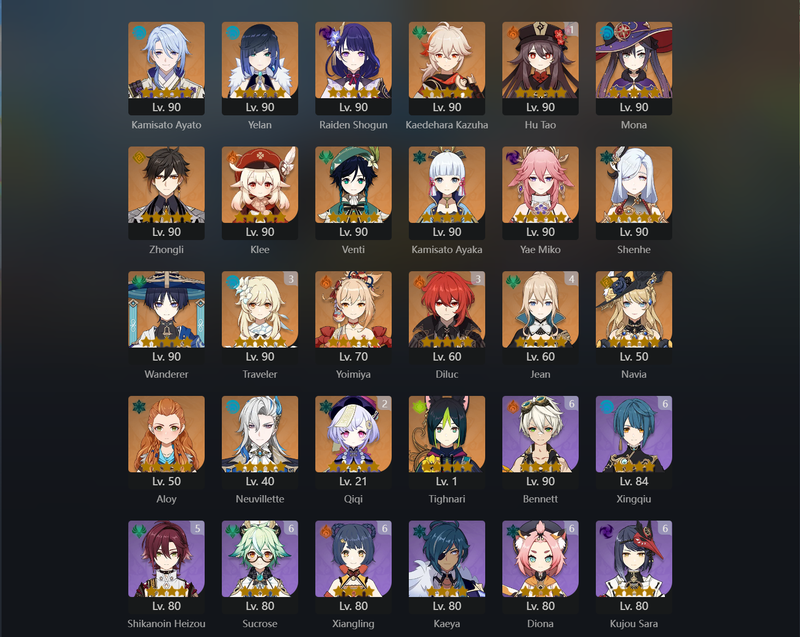 [Asia] AR60 - Ayato,Yelan,Raiden Shogun,Kazuha,Mona,Zhongli,Klee,Venti,Ayaka,Miko,Shenhe,Wanderer,Yoimiya,Navia,Neuvillette,Tighnari,Hu Tao(C1),Qiqi(C2),Diluc(C3),Jean(C4)