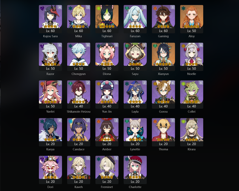 [America] AR60 - Ayaka, Xiao, Zhongli, Ganyu, Diluc, Hu Tao, Kazuha, Raiden Shogun, Yelan, Nahida, Furina, Neuvillette, Itto, Tighnari, Xianyun, Eula(C1), Qiqi(C1), Keqing(C2), Jean(C4)