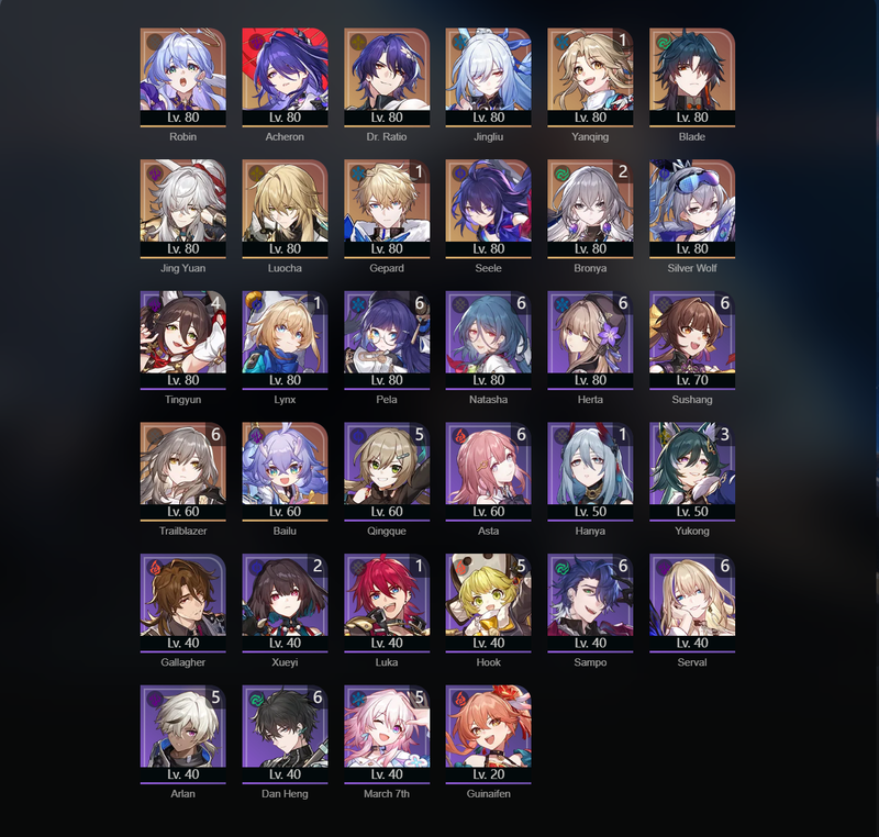 [America] TL70 - Ronin, Acheron, Jingliu, Dr.Ratio, Blade, Jing Yuan, Luocha, Seele, Silver Wolf, Bailu, Yanqing(E1), Gepard((E1), Bronya(E2)