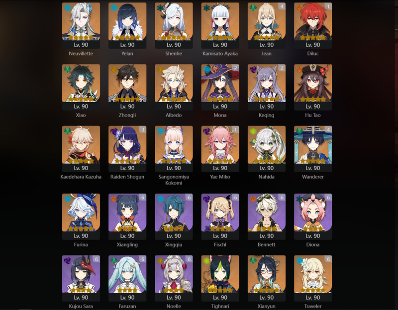 [Asia] AR60 - Neuvillette,Yelan,Shenhe,Ayaka,Xiao,Zhongli,Albedo,Hu Tao,Kazuha,Kokomi,Nahida,Furina,Tighnari,Xianyun,Dehya,Diluc(C1),Yae Miko(C1),Mona(C2),Keqing(C2),Raiden Shogun(C3),Jean(C4),Wanderer(C4)[Primogems: 18000]