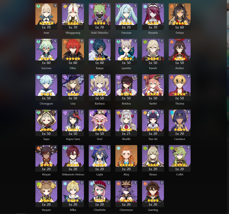 [Eu] AR60 - Zhongli, Hu Tao, Yoimiya, Kokomi, Itto, Yelan, Tighnari, Wanderer, Lyney, Navia, Kazuha, Yae Miko, Baizhu, Klee, Eula, Nahida, Xianyun, Dehya, Furina(C1), Cyno(C1), Qiqi(C1), Jean(C1), Diluc(C1), Mona(C2), Keqing(C2)