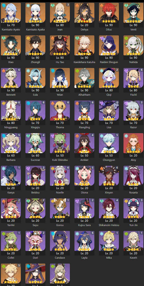 [Asia] AR57 -  Mona, Ayato, Ayaka, Dehya, Diluc, Venti, Xiao, Zhongli, Hu Tao, Kazuha, Raiden Shogun, Nahida, Eula, Yelan, Alhaitham, Qiqi (C2), Jean (C3)