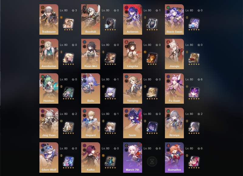 [NA]TL70 - Fu Xuan(E6),Jing Yuan(E2),Bronya(E2),Acheron(E1),Boothill,Black Swan,Aventurine,Ruan Mei,LingSa,Jiaoqiu,Huohuo,Seele,Silver Wolf,Kafka