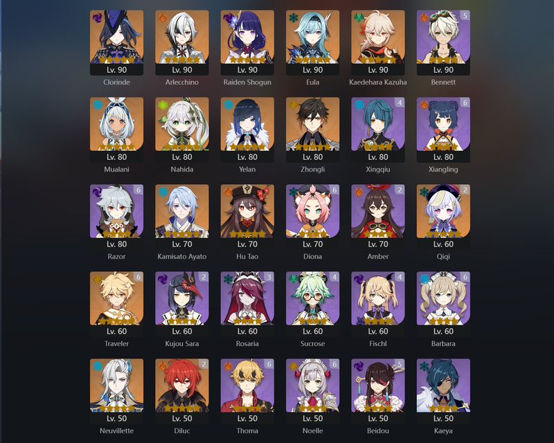 [Eu] AR58 - Clorinde,Arlecchino,Raiden Shogun,Eula,Kazuha,Mualani,Nahida,Yelan,Zhongli,Ayato,Hu Tao,Neuvillette,Mona,Qiqi(C2),Diluc(C2)