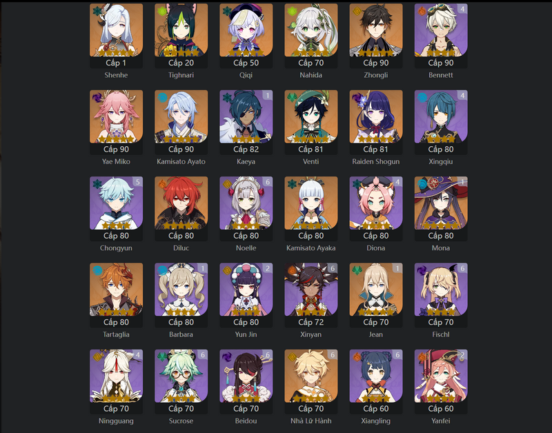 [America] AR58 - Shenhe, Tighnari, Qiqi, Nahida, Zhongli, Yae Miko, Ayato, Venti, Raiden Shogun, Ayaka, Tartaglia, Mona(C1), JEan(C1)