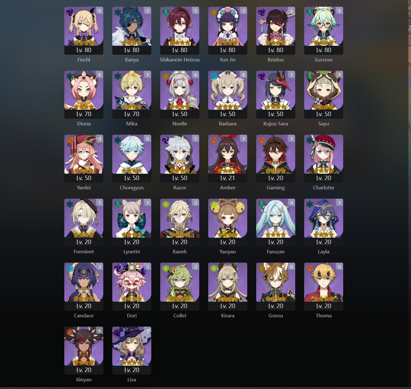 [Eu] AR60 - Neuvilltette,Nahida,Ayato,Shenhe,Yelan,Eula,Kazuha,Zhongli,Ayaka,Chiori,NAvia,Kokomi,Raiden Shogun,Venti,Furina,Dehya,Tighnari,Hu Tao(C1),Mona(C1),Qiqi(C1),Diluc(C1),Keqing(C2),Jean(C5)