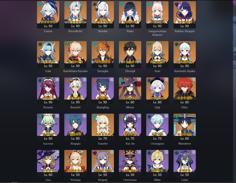 [Eu] AR60 - Mizuki,Furina,Neuvillette,Shenhe,Yelan,Kokomi,Raiden Shogun,Eula,Kazuha,Tartaglia,Zhongli,Ayaka,Wanderer,Yoimiya,Diluc(C1),Qiqi(C2),Mona(C2)