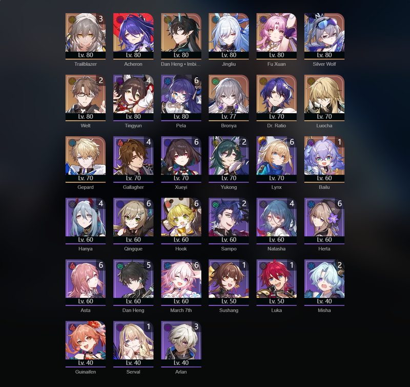 [Eu] TL70 - Acheron,Danheng,Jingliu,Fu Xuan,Silver Wolf,Bronya,Luocha,Gepard,Bailu(E1),Welt(E2)