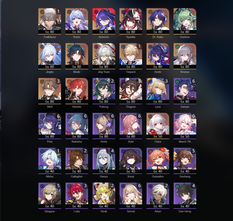 [Eu] AR70 - Robin,Acheron,Sparkle,Huohuo,Jingliu,Blade,Jing Yuan,Seele,Bronya,Himeko,Clara,Gepard(E1),Welt(E3)