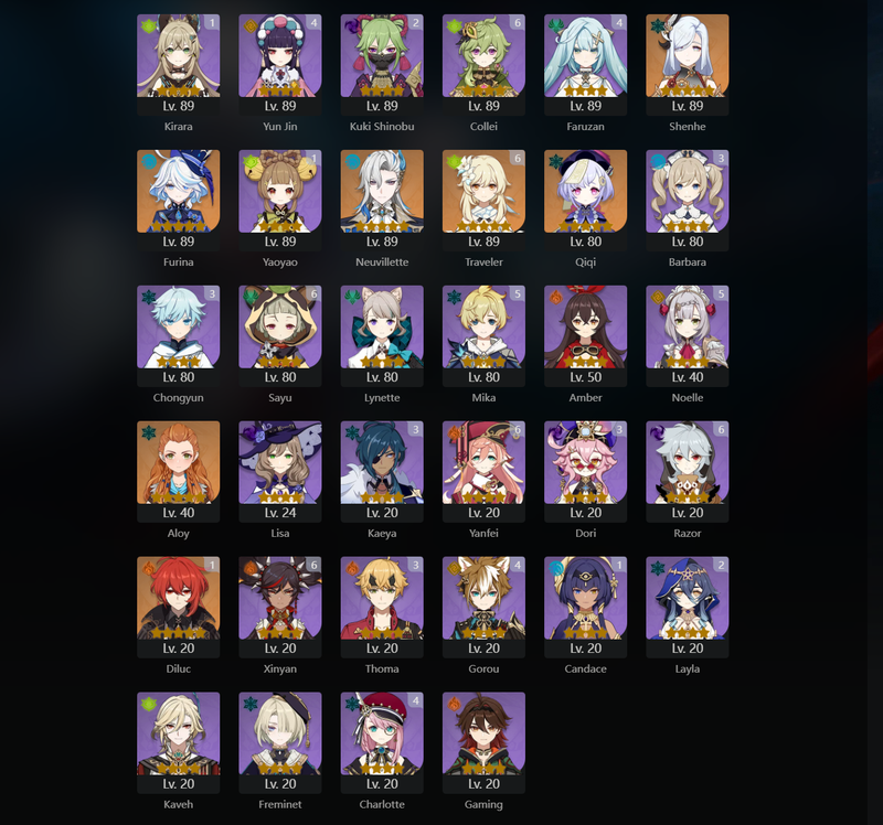 [America] AR60 - Raiden Shogun, Yae Miko, Kazuha, Hu tao,Eula, Ayaka, Ayato, Yelan, Nilou, Zhongli, Kokomi, nahida, Alhaitham, Shenhe, Furina, Neuvillette, Qiqi, Diluc(C1), Jean(C1), Tighnari(c1), Dehya(C1), Mona(C2), Keqing(C2)