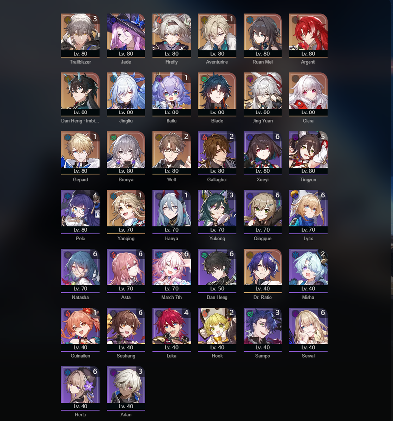 [Asia] TL70 - Jade,Firefly,Ruan Mei,Argenti,Dan heng,Jingliu,Blade,Jing Yuan,Clara,Bronya,Aventurine(E1),Bailu(E1)Welt(E2)[Dead:f]+Genshin:Ar58