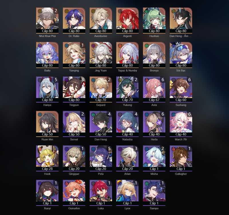 [Asia] TL70 - Aventurine,Agrenti,Huohuo,Dan Heng,Bailu,Jing Yuan,Topaz,Bronya,Silver Worf,Ruan MEi,Yanqing(E1),Gepard(E2)