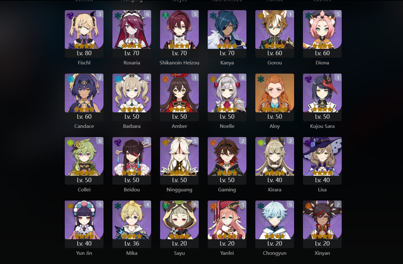 [Asia] AR59 - Ayaka, Zhongli, Hu Tao, Tighnari, Jean, Yoimiya, Raiden Shogun, Yelan, Alhaitham, Furina, Kazuha, Albedo, Keqing, Nahida,Yae Miko(C1) Diluc(C2), Mona(C2),[Dead:T,f,g]