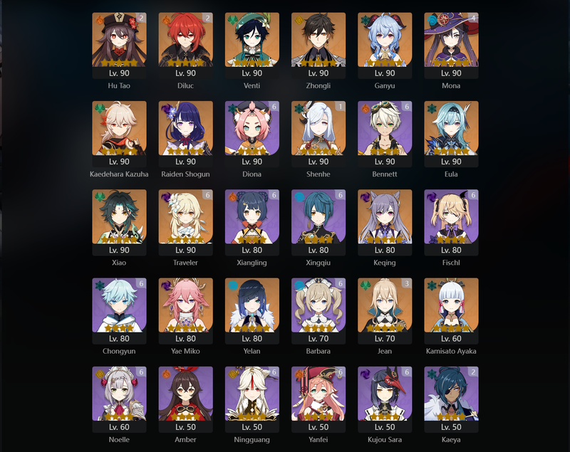 [Eu] AR59 - Venti, Zhongli, Ganyu, Kazuha, Raden Shogun, Eula, Xiao, Keqing, Yae Miko, Ayaka, Nahida, Neuvillette, Arlecchino, Diluc(C2), Hu Tao(C2), Jean(C3), Mona(C4)