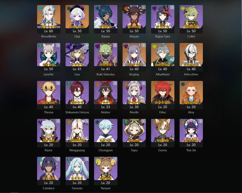 [America] AR58 - Hu Tao,Lyney,Ayaka,Klee,Kazuha,Raiden Shogun,Wanderer,Xiao,Cyno,Venti,Neuvillette,Qiqi,Alhaitham,Arlecchino,Diluc,Zhongli(C1),Nahida(C1),Mona(C1),Keqing(C1)