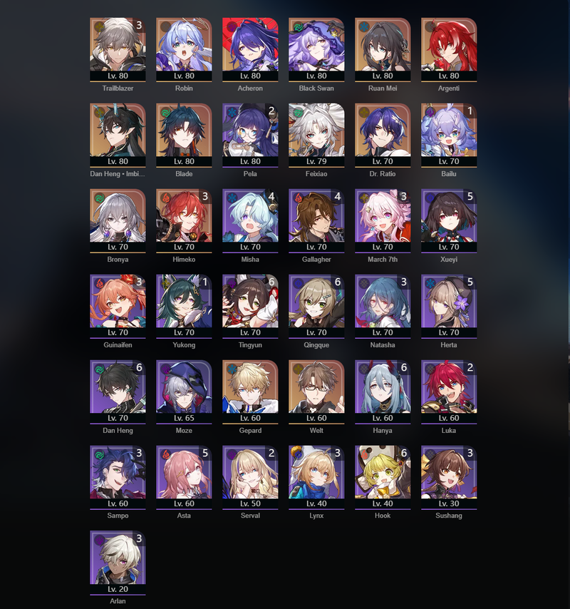 [Eu] TL69 - Feixiao,Robin,Acheron,Black Swan,Ruan MEi,Argenti,Dan Heng,Blade,Bronya,Gepard,Welt,Bailu(E1),Himeko(E3)