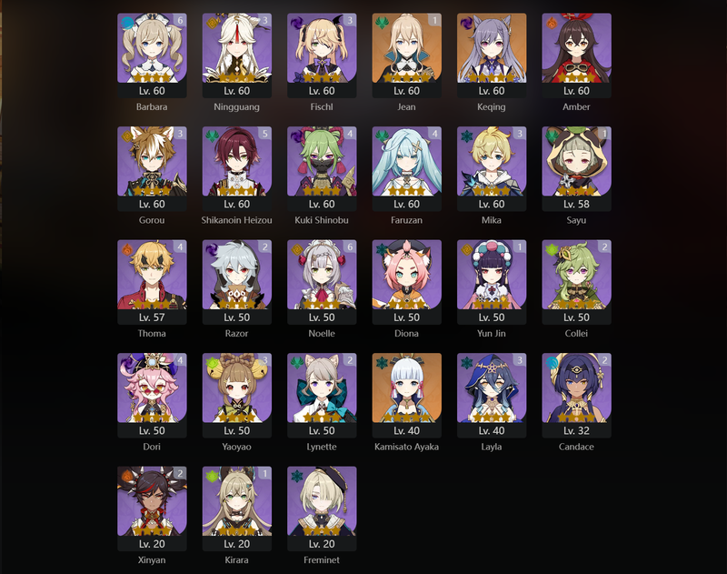 [Eu] AR59 - Zhongli, Yoimiya, Wanderer, Alhaitham, Klee, Kokomi, Neuvillette, Nahida, Keqing, Ayaka, Tighnari(C1), Cyno(C1), Mona(C1),Jean(C1)[Dead:g]