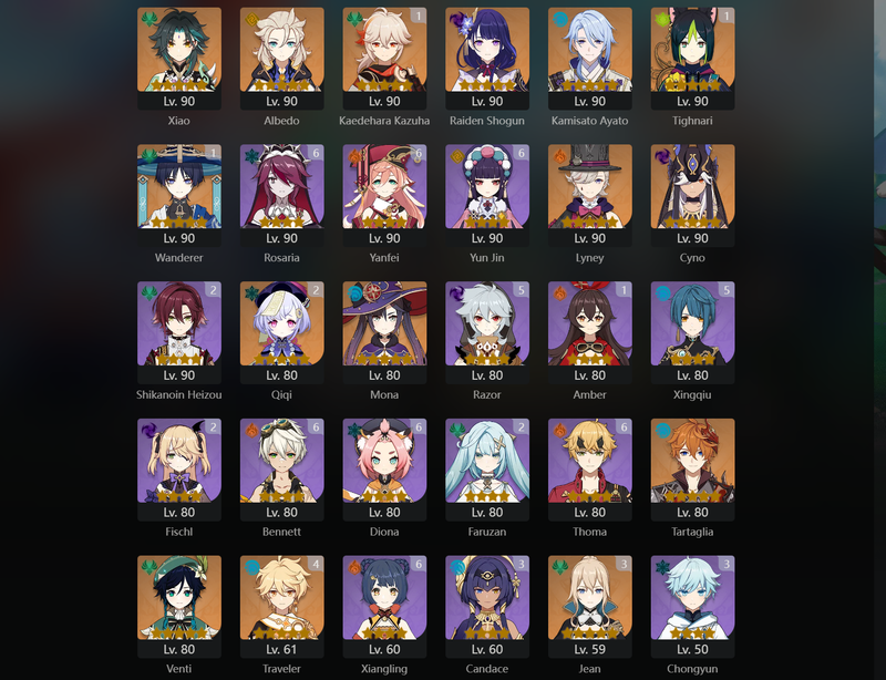 [Asia] AR60 - Xiao,Kazuha,Raiden Shogun,Ayato,Lyney,Cyno,Mona,Tartaglia,Venti,Alhaitham,Kazuha(C1),Tighnari(C1),Wanderer(C1),Diluc(C1),Qiqi(C2),Jean(C3)