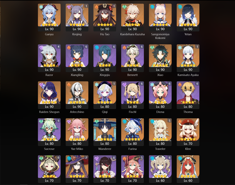 [America] AR60 - Ganyu, Kazuha, Kokomi, Yelan, Xiao, Raiden Shogun, Arlecchino, Miko, Wanderer, Furina, Klee, Nilou, Shenhe, Clorinde, Dehya, Keqing(C1), Hu Tao(C1), Ayaka(C1), Qiqi(C1), Jean(C1), Mona(C2)