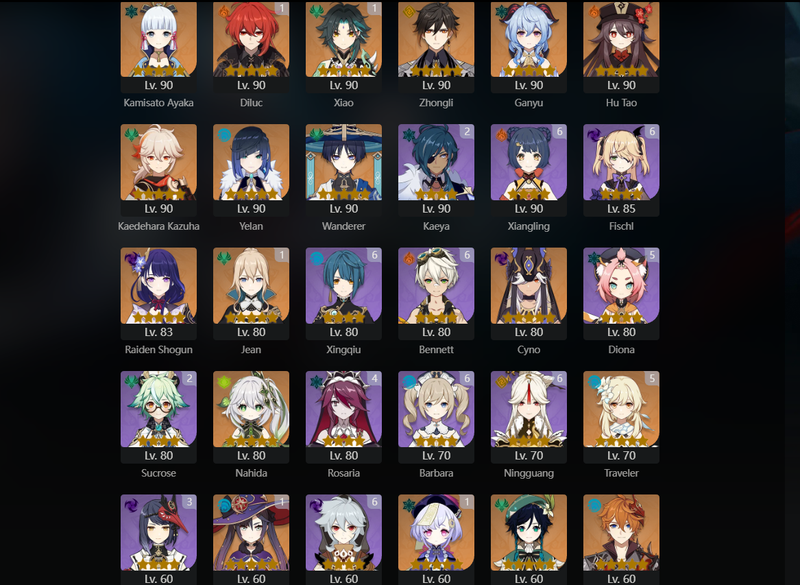 [America] AR59 - Ayaka, Zhongli, Ganyu, Hu Tao, Kazuha, Yelan, Wanderer, Raiden Shogun, Cyno, Nahida, VEnti, Tartaglia, Tighnari, Dehya(C1), Mona(C1), Keqing(C1), Diluc(C1), Xiao(C1), Jean(C1)[17500 primogems]