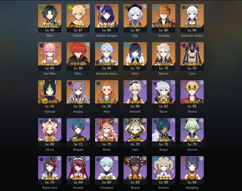 [Asia] AR56 - Xiao,Raiden Shogun,Tartaglia,Ayaka,Miko,Ayato,Yelan,Albedo,Cyno,Tighnari,Keqing,Diluc(C1)