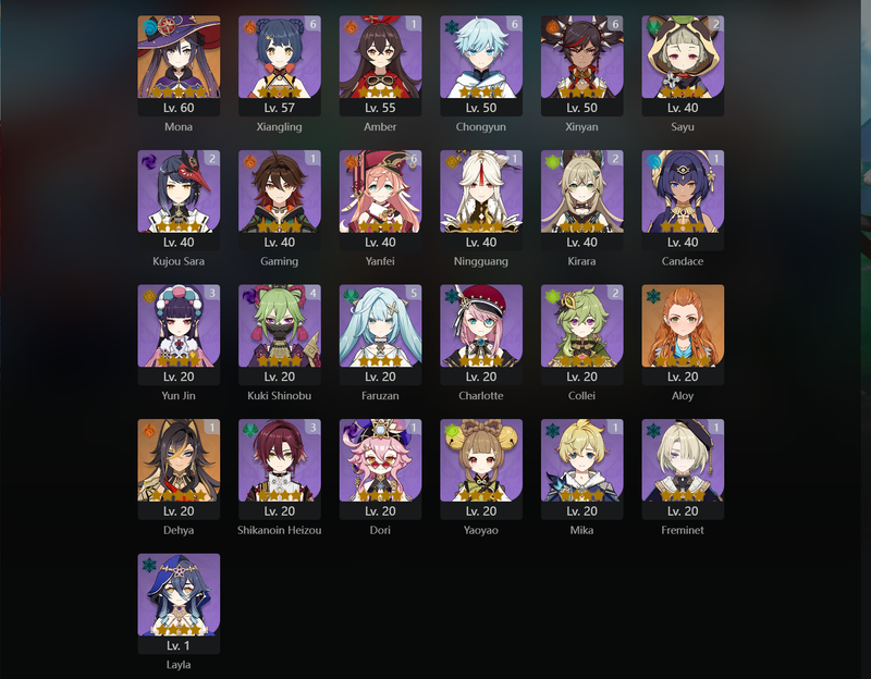 [Asia] AR59 - Ayaka,Raiden Shogun,Kokomi,Itto,Furina,Xianyun,Alhaitham,Mona,Dehya(C1),Zhongli(C1),KEqing(C1),Neuvillette(C1),Jean(C1),Diluc(C1),Albedo(C1),Qiqi(C2)