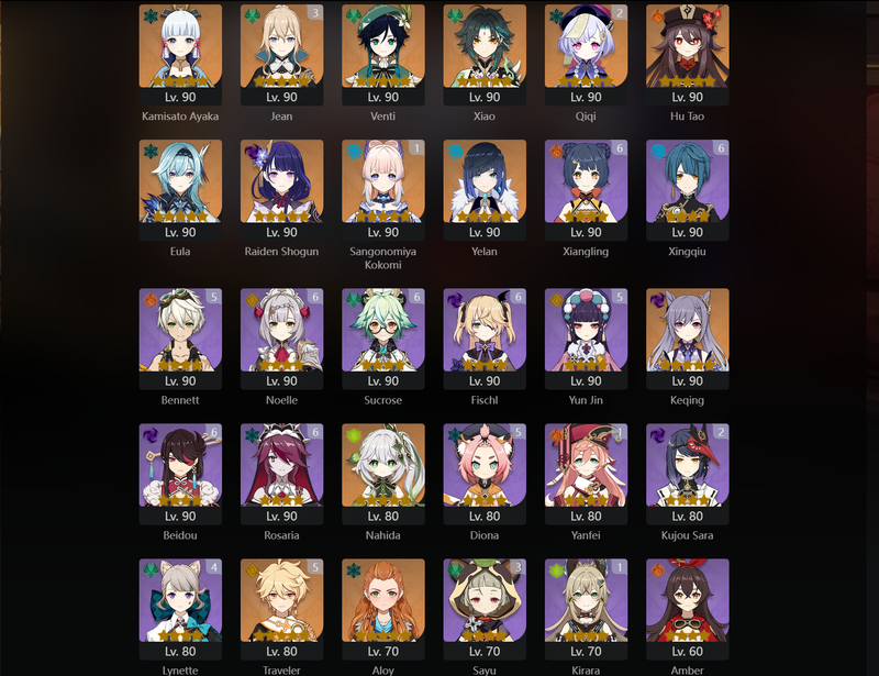 [America] AR60 - Ayaka, Venti, Xiao, Hu Tao, Eula, Raiden Shogun, Yelan, Keqing, Nahida, Zhongli, Furina, Yae Miko, Dehya, Tighnari, Kokomi(C1), Qiqi(C2), Jean(C3)