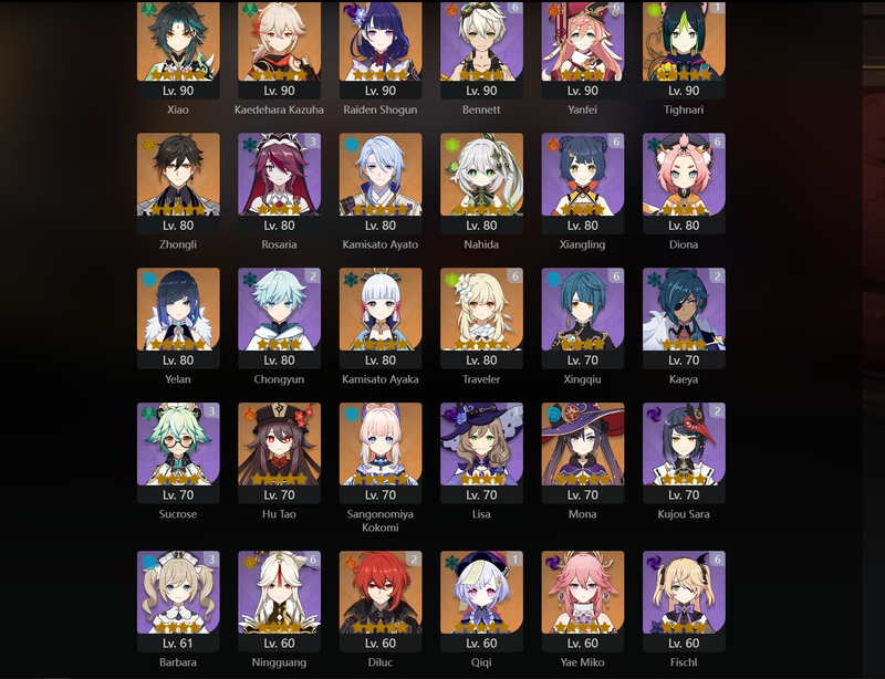 [Asia] AR58 - Xiao,Kazuha,Raiden Shogun,Zhongli,Ayato,Nahida,Yelan,Ayaka,Hu Tao,Kokomi,Mona,Yae Miko,Klee,JEan,Tighnari(C1),Qiqi(C1),Keqing(C1),Diluc(C2)