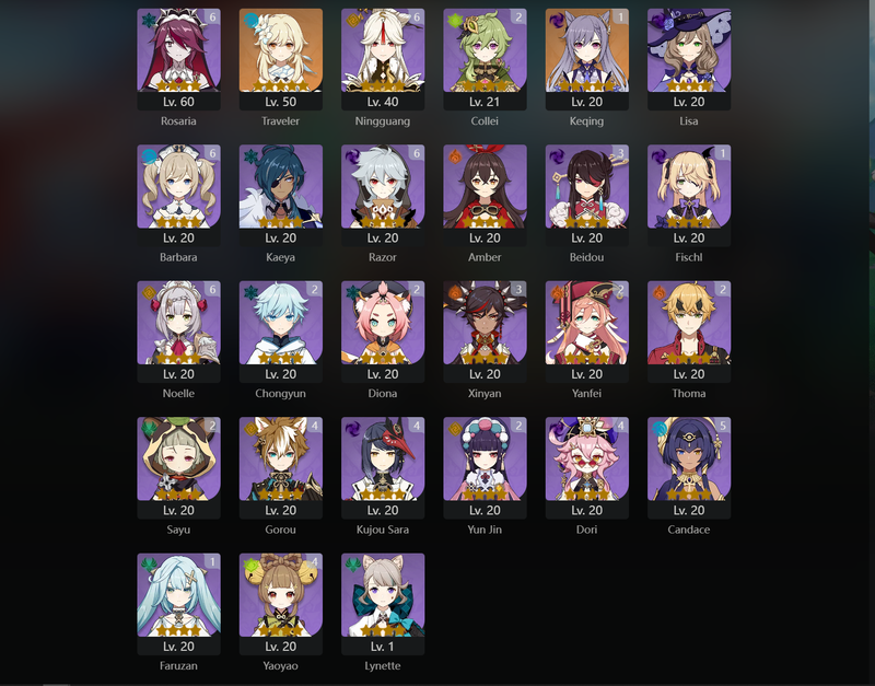 [Eu] AR59 - Ayaka, Kazuha, Raiden Shogun, Yelan, Zhongli, Ganyu, Nahida, Alhaitham, Hu Tao, Cyno(C1), Keqing(C1), Qiqi(C2)