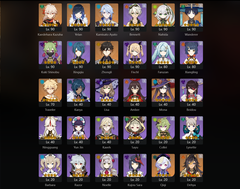 [Eu] AR57 - Kazuha,Yelan,Ayato,Nahida,Zhongli,Qiqi,Dehya(C1),Wanderer(C1)