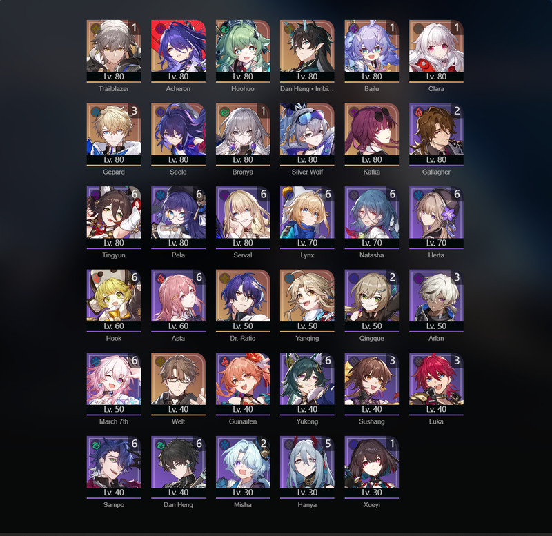 [America] TL70 - Acheron,Huohuo,Dan Heng,Seele,Silver Wolf,Kafka,Yanqing,Welt,Bailu(E1),Clara(E1),Bronya(E1),Bronya(E1),Gepard(E3)