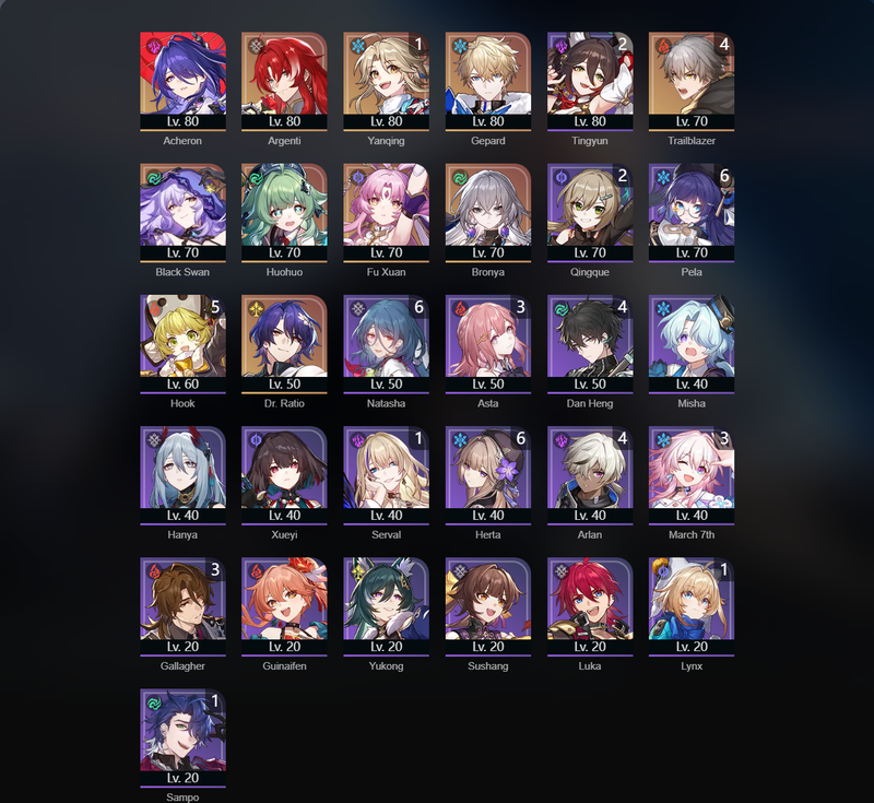 [Asia] TL65 - Acheron, Argenti, Gepard, Black Swan, Huohuo, Fu Xuan, Bronya, Dr.Ratio, Yanqing(E1)