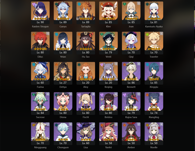 [Eu] AR57 - Raiden Shogun,Ganyu,Tartaglia,Klee,Ayaka,Yelan,Hu Tao,Venti,Qiqi,Furina,Dehya,JEan(C1),Keqing(C1)