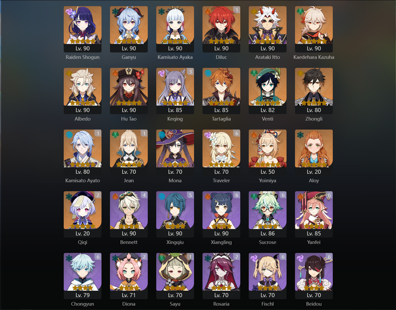 [Asia] AR59 - Raiden Shogun,Ganyu,Ayaka,Itto,Kazuha,Albedo,Hu Tao,Tartaglia,Venti,Zhongli,Mona,Yoimiya,Diluc(C1),Ayato(C1),Keqing(C3)