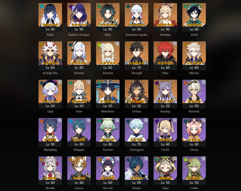 [America] AR58 - Yelan,Raiden Shogun,Xiao,Ayaka,Yoimiya,Venti,Itto,Shenhe,Zhongli,Albedo,Wanderer,Dehya,Keqing,Diluc(C1),Qiqi(C1),Jean(C1)