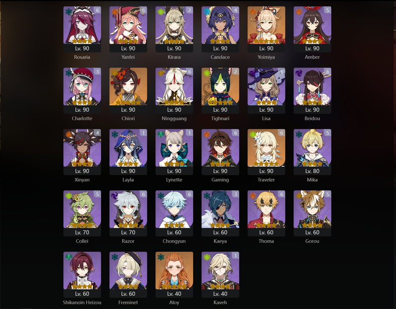 [Asia] AR60 - Yelan,Venti,Klee,Zhongli,Ganyu,Raiden Shogun,Kokomi,Nilou,Nahida,Furina,Navia,Xianyun,Eula,Yoimiya,Chiori,Hu Tao(C1),Qiqi(C2),Jean(C2),Keqing(C2),Shenhe(C2),Tighnari(C2),Diluc(C3)Mona(C6),Ayaka(C6)