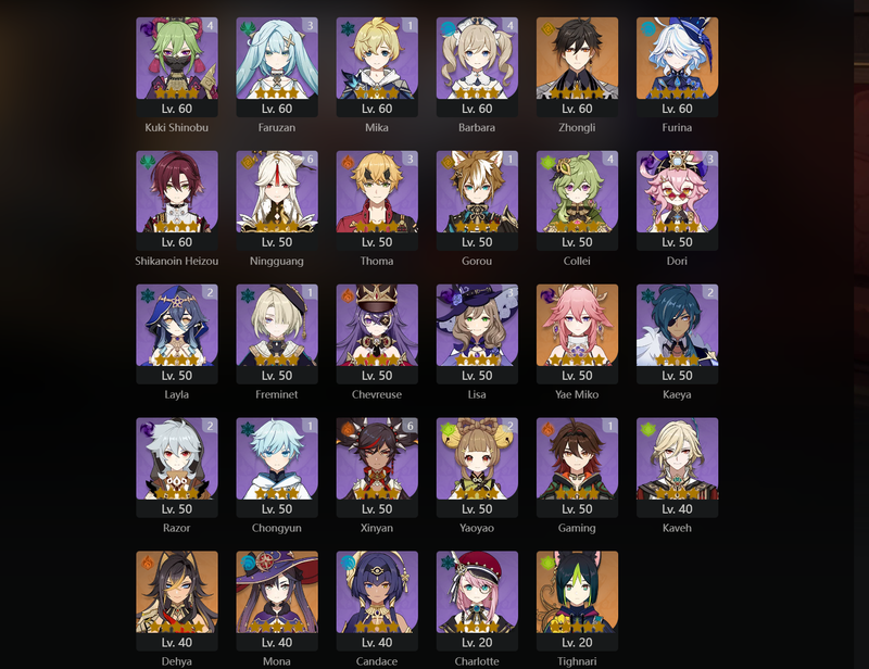 [America] AR60 - Ayaka, Venti, Xiao, Hu Tao, Eula, Raiden Shogun, Yelan, Keqing, Nahida, Zhongli, Furina, Yae Miko, Dehya, Tighnari, Kokomi(C1), Qiqi(C2), Jean(C3)