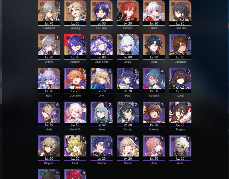 [Asia] TL66 - Robin, Ruan Mei, Black Swan, JingLiu, Blade, Bailu, Yanqing, Dr.Ratio, Himeko, Clara, Bronya(E1), Acheron(E1)