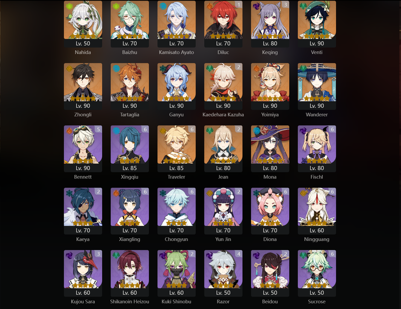 [Asia] AR58 - Nahida, Baizhu, Ayato, Venti, Zhongli, Tartaglia, Ganyu, Yoimiya, Wanderer, Mona, Diluc(C1), Jean(C2), Keqing(C3)