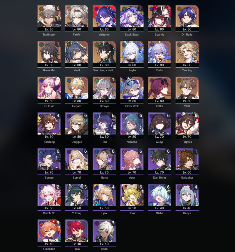 [Asia] TL70 - Firefly,Acheron,Sparkle,Yuli,Dan Heng,Jingliu,Baulu,Yanqing,Fu Xyan,Gepard,Silver Wolf,Kafka,Welt,Black Swan(E1),Ruan Mei(E1),Bronya(E1)