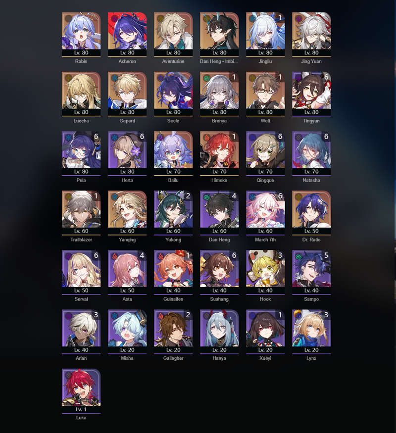 [Asia] Tl:70 - Robin,Acheron,Aventurine,Dan Heng,Jing Yuan,Luocha,seele,Bailu,Yanqing,Jingliu(E1),Bronya(E1),Welt(E1),Himeko(E1),