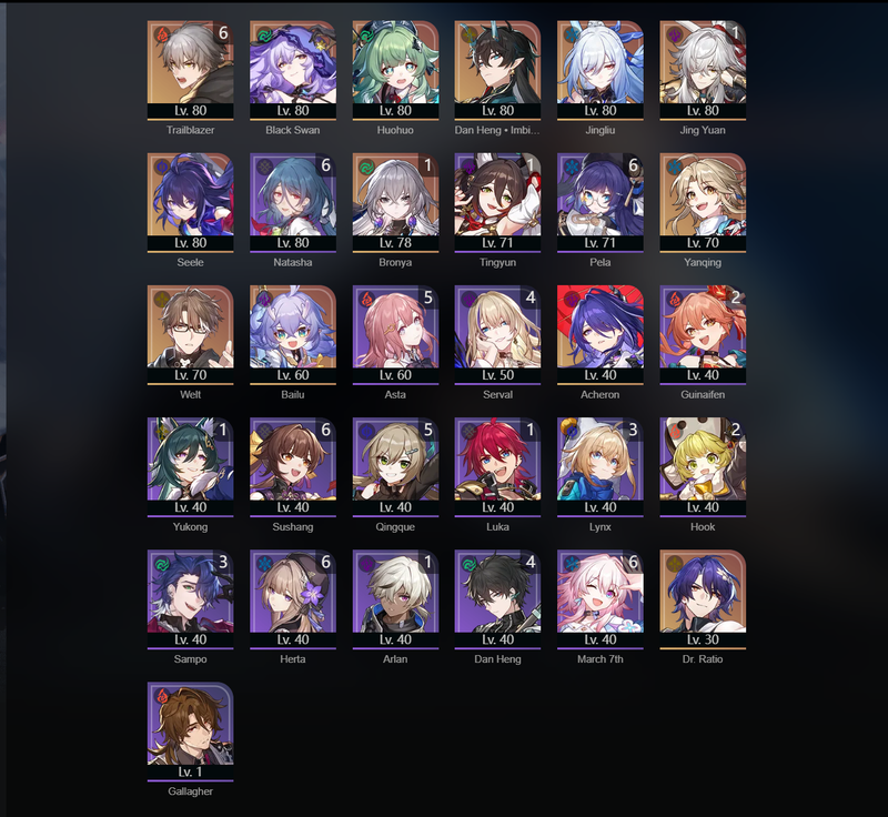 [Asia] AR70 - Black Swan,Huohuo,Dan Heng,Jingliu,Jing Yuan,Seele,Yanqing,Welt,Bailu,Acheron,Bronya(E1),Jing Yuan(E1)