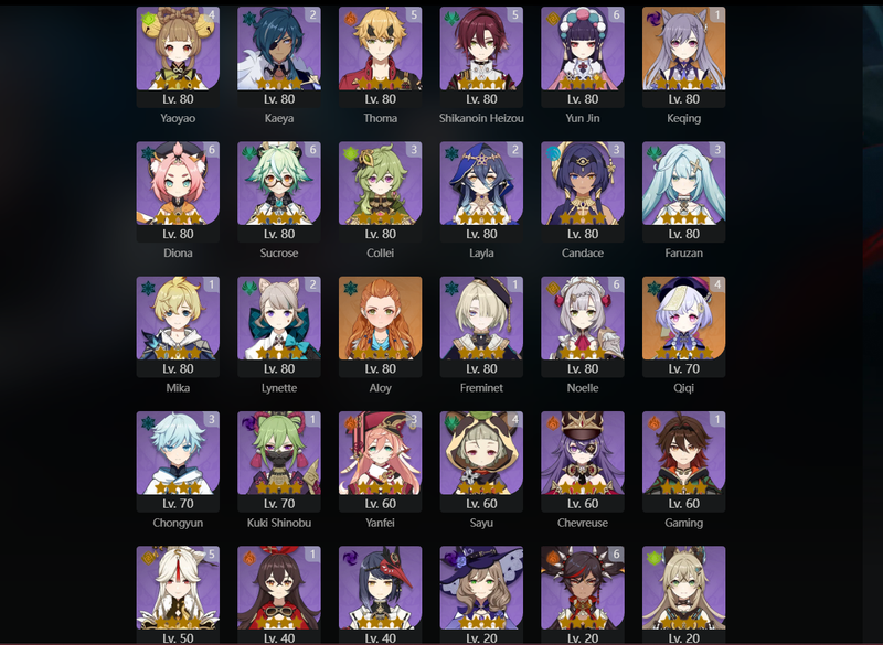 [America] AR60 - Xiao, Wriothesley, Wanderer, Ayaka, Raiden Shogun, Itto, Yelan, Nilou, Lyney, Zhongli, Tighnari, Baizhu, Jean(C1), Keqing(C1), Diluc(C2), Qiqi(C4)