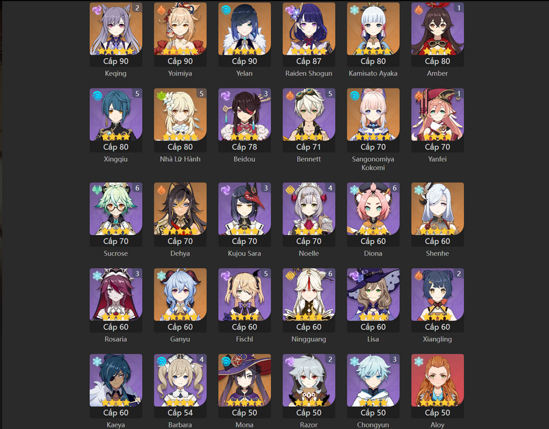 [Eu] AR56 - Yoimiya, Yelan, Raiden Shogun, Ayaka, Kokomi, Dehya, Shenhe, Ganyu, Mona, Diluc, Keqing(C2)