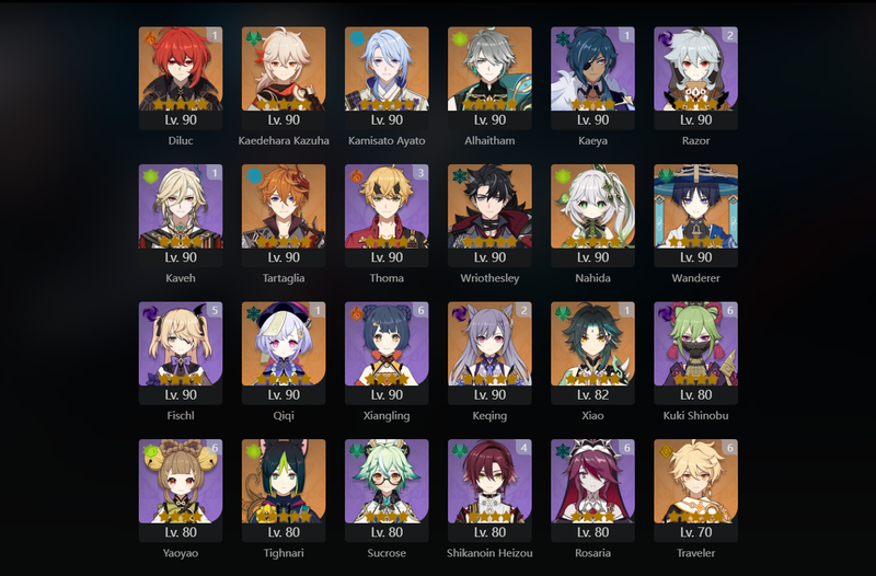 [Eu] AR58 - Kazyha, Ayato, Alhaitham, Tartaglia, Wriothesley, Nahida, Wanderer, Dehya, Tighnari, Jean, Diluc(C1), Qiqi(C1), Xiao(C1), Keqing(C2)